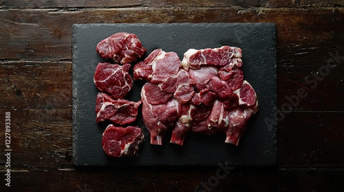 Various cuts of fresh pork meat arranged neatly on a black slate board. The meat is carefully prepared and displayed for culinary use. photo