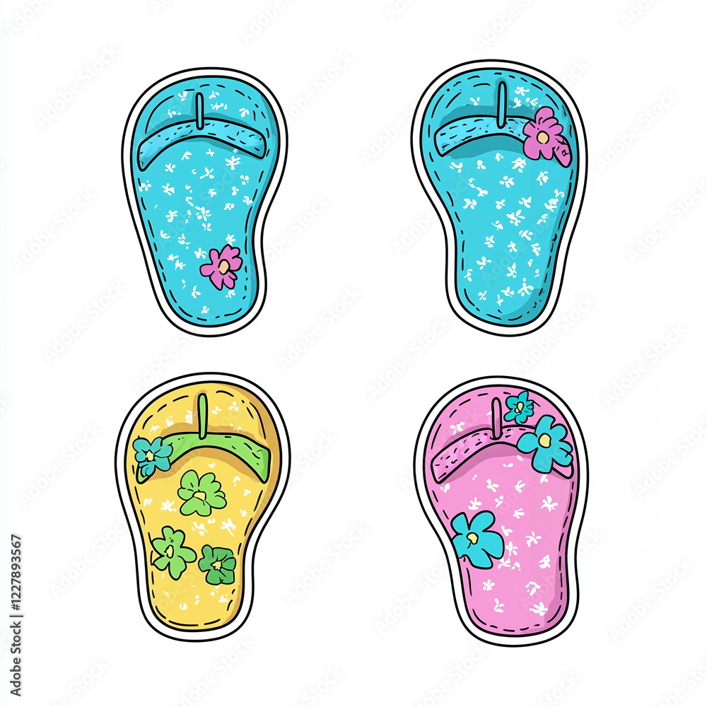 Colorful flip flops in blue, yellow, and pink with floral patterns isolated on a white background, perfect for summer beach vibes and casual footwear. Colorful flip flops in blue, yellow, and pink with floral patterns isolated on a white background, perfect for summer beach vibes and casual footwear.