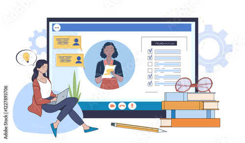 Woman with laptop participating in online learning session. Large screen, chat bubbles, checklist, and books in background. Concept of education. Vector illustration