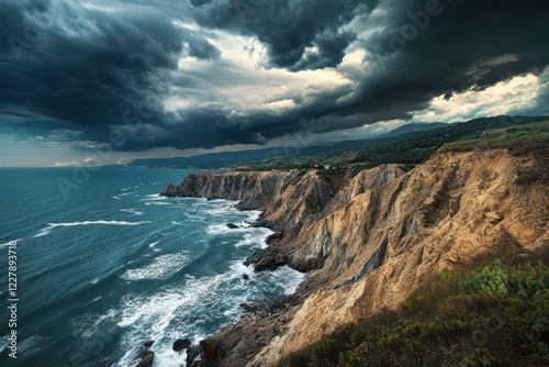 A rugged coastline with steep cliffs, churning waves, and a sky filled with dramatic storm clouds photo