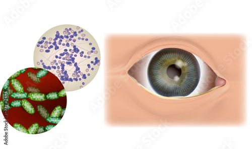Bacterial and Viral Conjunctivitis Medical Illustration. Eye Infection and Microbial Pathogens Concept. Human Eye with Conjunctivitis