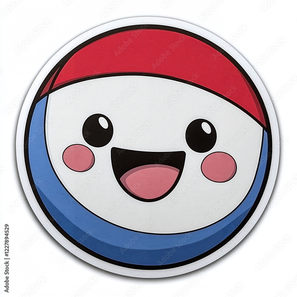 Naklejka premium Happy cartoon character with a round shape, large eyes, pink cheeks, blue and red accents, smiling face, fun design, suitable for children and playful themes.