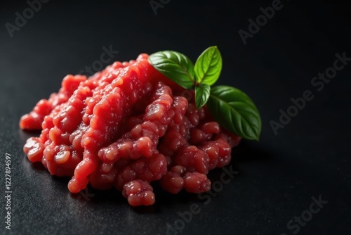 A delectable mound of finely textured, vibrant red meat, delicately garnished with fresh basil leaves, rests on a sleek dark surface.