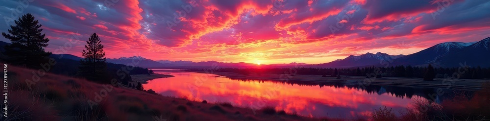 Fototapeta premium Sunset paints Three Sisters, Bend Oregon, vibrant hues, stock, beautiful, shadow