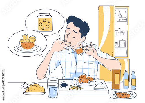 Man savoring fried chicken at a table, surrounded by food and drinks. Speech bubbles show thoughts of honey and citrus sauce. Yellow fridge in background. Vector illustration