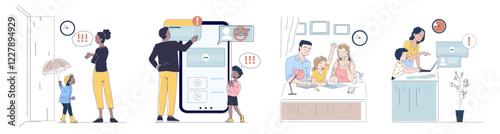 Family scenes depicting parents and children interacting with technology and daily life activities, emphasizing online safety and digital awareness. Vector illustration