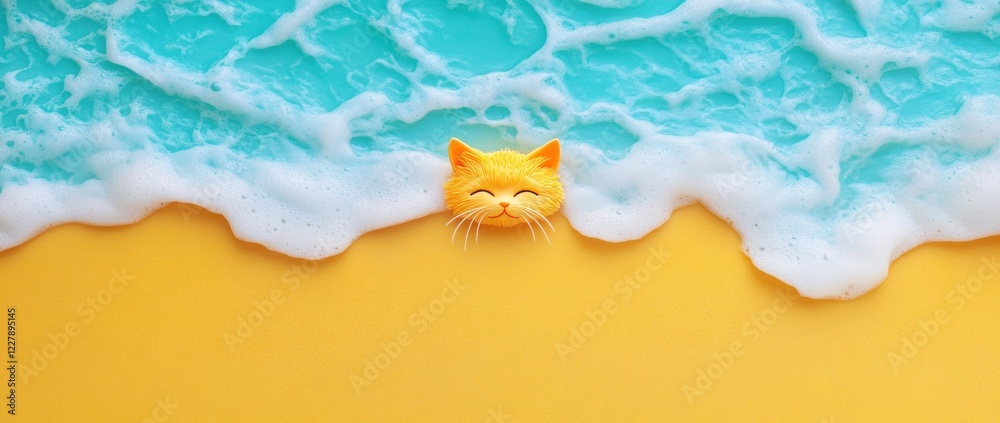 Fototapeta premium Adorable Cat Face in Turquoise Ocean Waves on Yellow Sandy Beach