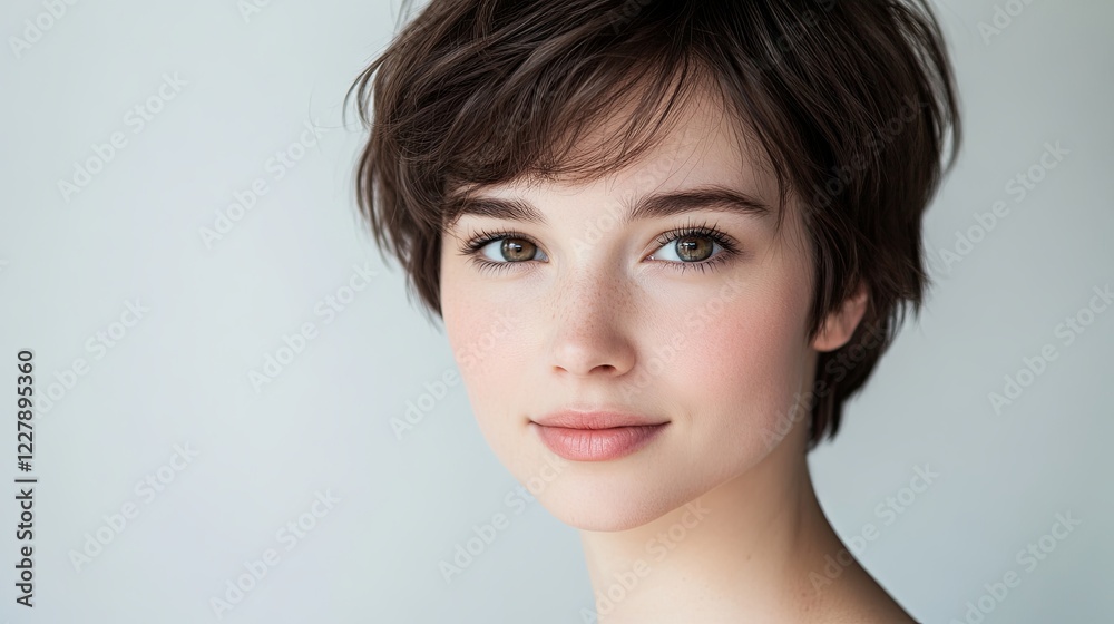 A close-up portrait of a beautiful young woman with short brunette hair, and a serene expression, showcasing natural beauty and elegance and tranquility, professional studio portrait photography. Whit A close-up portrait of a beautiful young woman with short brunette hair, and a serene expression, showcasing natural beauty and elegance and tranquility, professional studio portrait photography. Whit