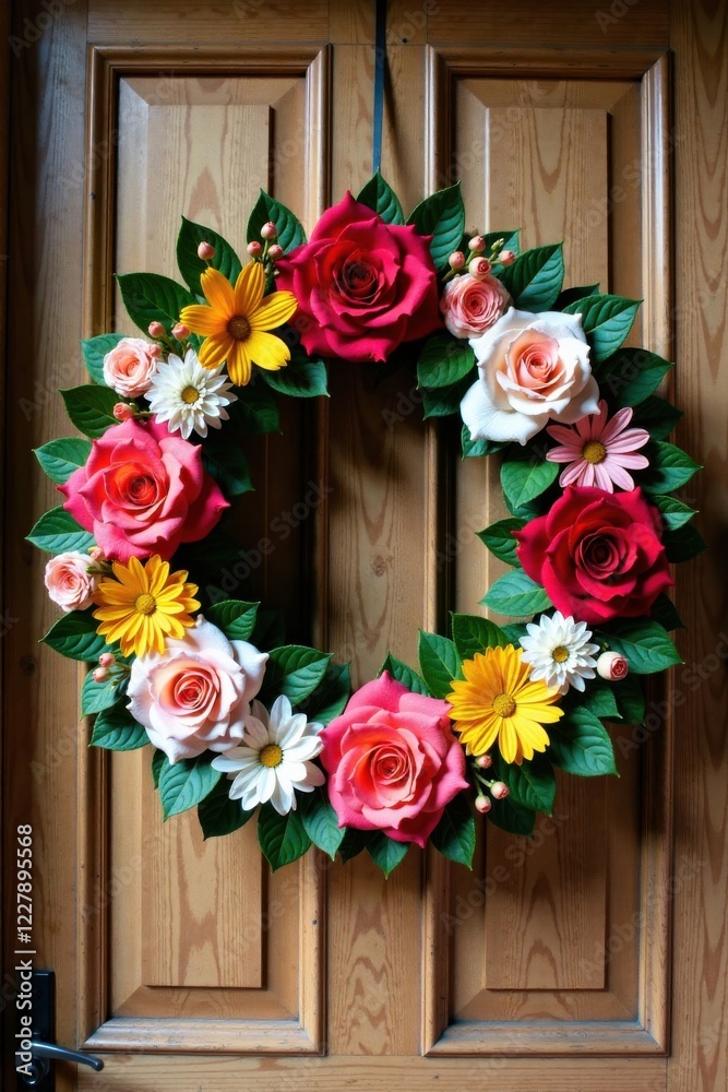 Floral Wreath on Wooden Door , floral wreath, outdoor decor Floral Wreath on Wooden Door , floral wreath, outdoor decor
