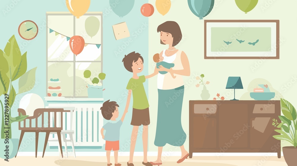 Sweet Baby Shower Moment with Mom and Son Flat Vector Illustration Sweet Baby Shower Moment with Mom and Son Flat Vector Illustration