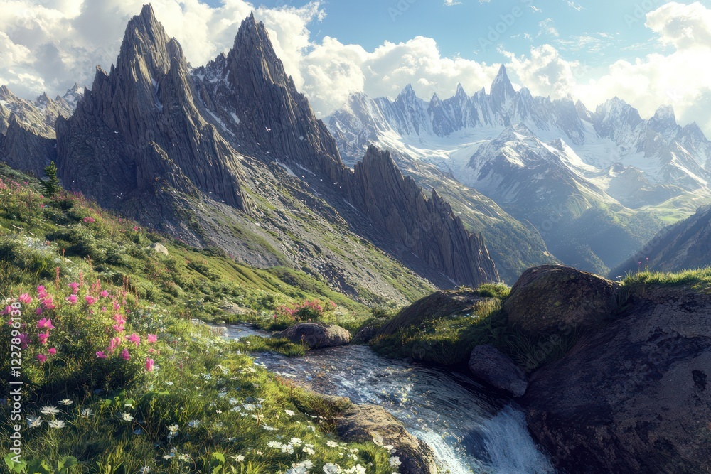 A rugged mountain range with jagged cliffs, lush alpine meadows, and cascading streams glittering in the sunlight A rugged mountain range with jagged cliffs, lush alpine meadows, and cascading streams glittering in the sunlight