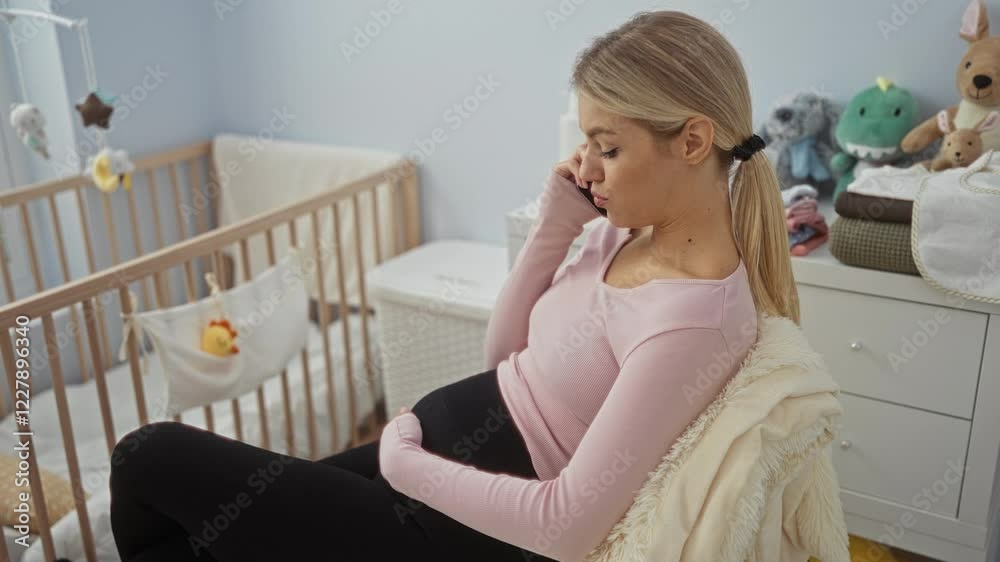Pregnant woman sitting on bed in cozy bedroom talking on phone near crib indicating motherhood and anticipation in a tender indoor home setting. Pregnant woman sitting on bed in cozy bedroom talking on phone near crib indicating motherhood and anticipation in a tender indoor home setting.