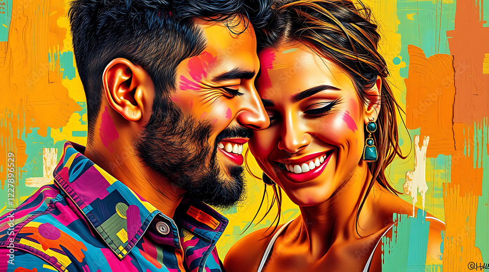 Obraz premium Vibrant pop art portrait, smiling couple in love, colorful abstract background, close-up facial features, bold brushstrokes, neon colors, intimate moment, joyful expression, contemporary art style, te
