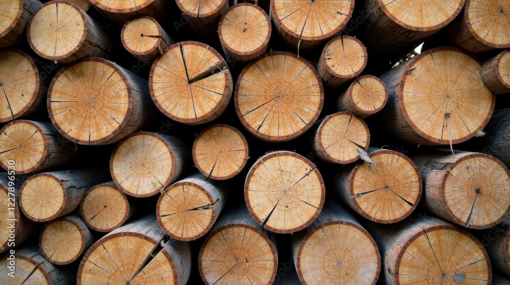 A Stack of Timber Logs, Showing the Detailed Grain and Texture of Each Round Section, Illustrating the Natural Beauty of Wood A Stack of Timber Logs, Showing the Detailed Grain and Texture of Each Round Section, Illustrating the Natural Beauty of Wood