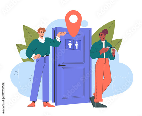 Illustration of a man pointing to a restroom door with gender signs and a location pin above, and a woman holding a phone, on a white background. Restroom location concept. Vector illustration.