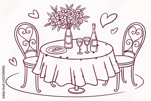 Pink sketch, romantic table setting, floral centerpiece, round table, polka dot tablecloth, elegant chairs, wine bottles, intimate dining, vintage style, delicate linework, monochromatic illustration,