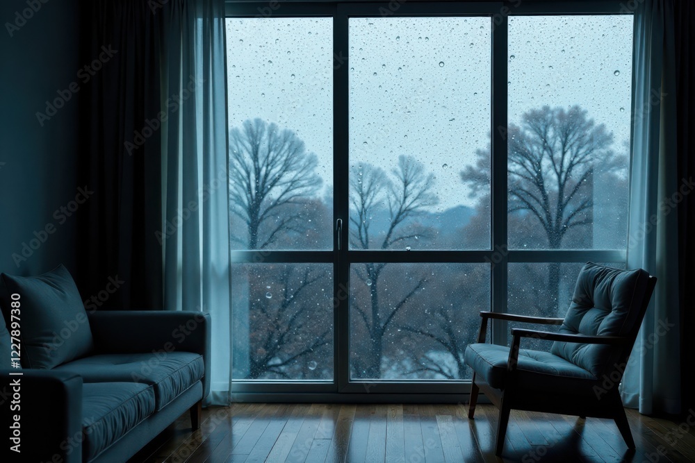 Fototapeta premium Serene indoor scene featuring a comfortable couch and armchair positioned near a large window overlooking a rain-swept landscape of bare trees