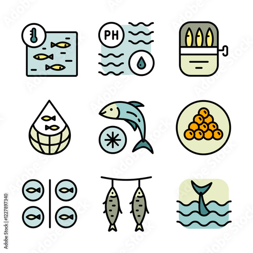 Fish farm icons set. Simple set of fish farm vector icons isolated on white background