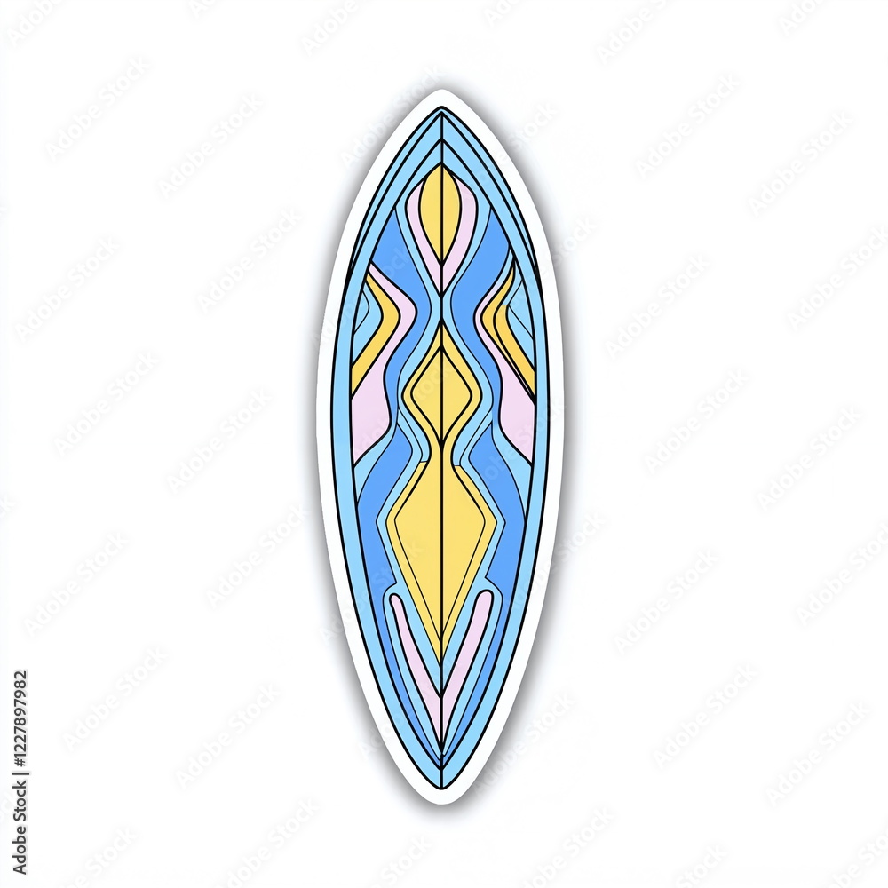 Colorful surfboard design featuring waves and abstract patterns in shades of blue, yellow, and pink against a white background that enhances its vibrant appearance. Colorful surfboard design featuring waves and abstract patterns in shades of blue, yellow, and pink against a white background that enhances its vibrant appearance.
