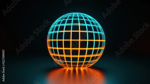 A radiant 3D neon sphere grid glowing in vibrant orange and cyan light, placed in a minimalist dark void.