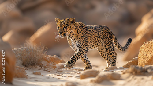 Arabian leopard walks across a rocky landscape