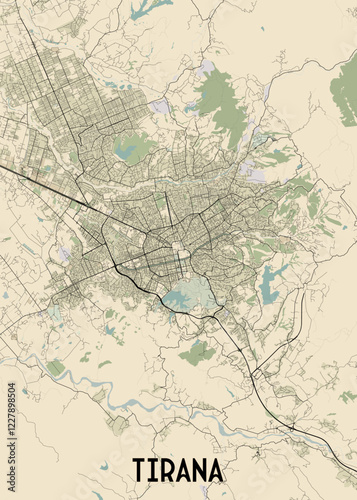 A detailed map of Tirana, Albania, showcasing the city's street network, major roads, and surrounding landscape. The map is rendered in a minimalist style with a cream background.