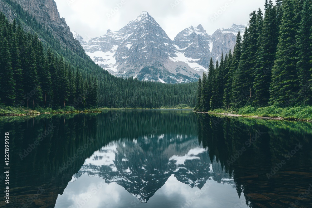 A serene alpine lake surrounded by dense coniferous forests, reflecting the towering snowy peaks above