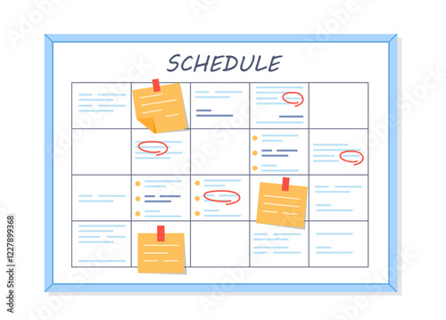 Illustration of a weekly schedule board with sticky notes pinned on various days. Minimalist design on a white background. Concept of planning and organization. Vector illustration.