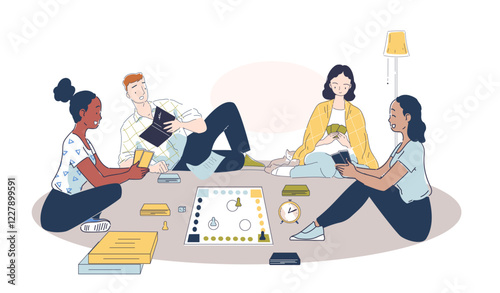 Group of friends enjoying a board game on the floor, surrounded by cards and game pieces, in a cozy setting. Minimalist design on a white background. Vector illustration