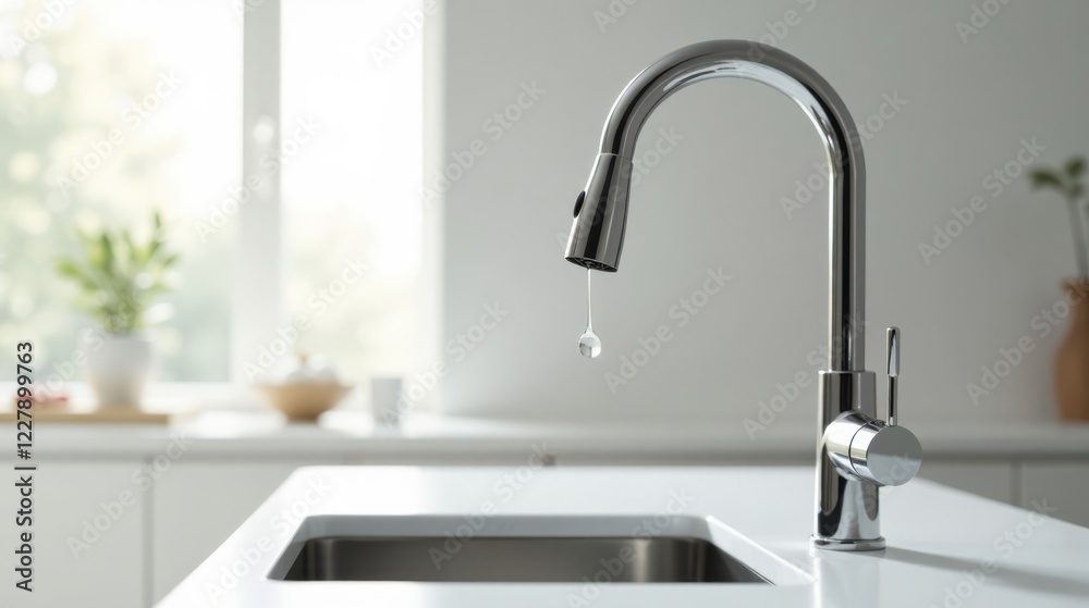 A single drop of water hangs from a modern kitchen faucet, reflecting light on a pristine countertop A single drop of water hangs from a modern kitchen faucet, reflecting light on a pristine countertop