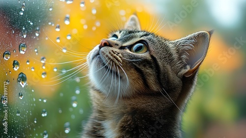 Curious tabby cat at window, rain drops, autumn colors.  Possible use pet, home, nature photo