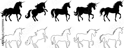 Collection of Unicorns Silhouettes and line art.
