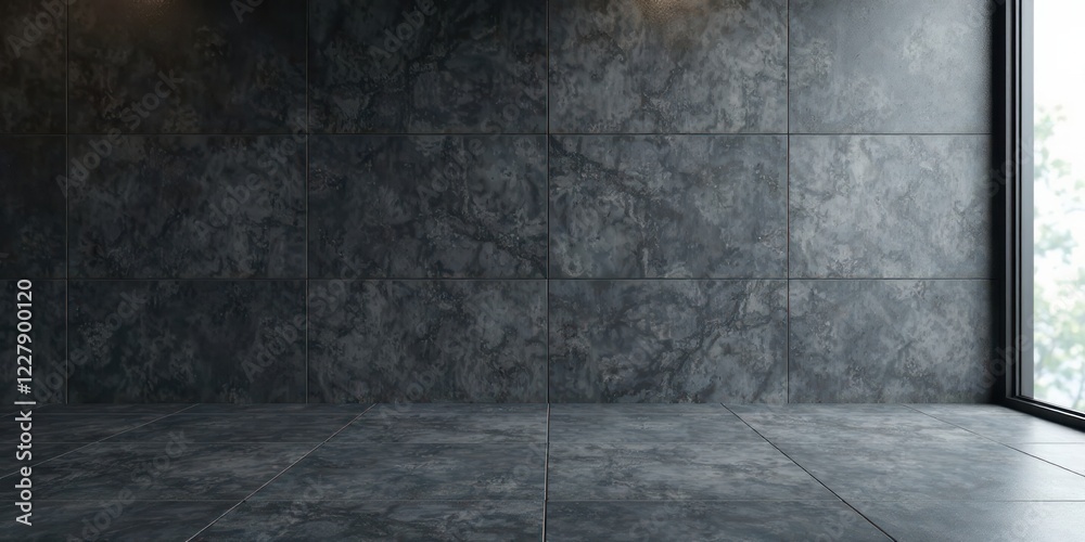 Modern minimalist interior design featuring dark gray tiles on walls and floor, natural light from a window Modern minimalist interior design featuring dark gray tiles on walls and floor, natural light from a window