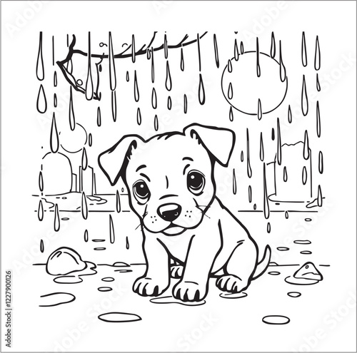 Cute Puppy Standing in the Rain Coloring Page, transparent background png