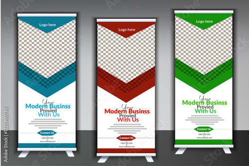 Corporate business roll up banner design template. Modern Business Roll Up Banner. Professional Unique Corporate Roll Up Banner Signage Standee Template for Multipurpose Use with Three Color Variation