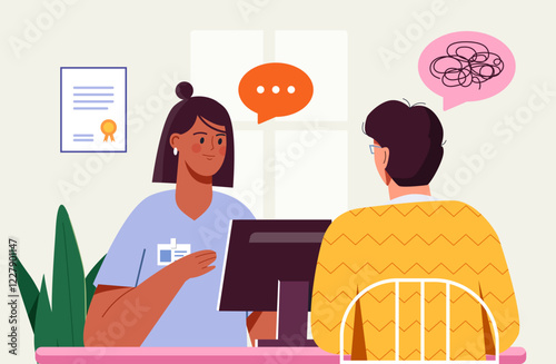 Illustration of a therapist and patient in a session, with speech bubbles above. Minimalist flat design, indoor setting. Concept of mental health support. Vector illustration