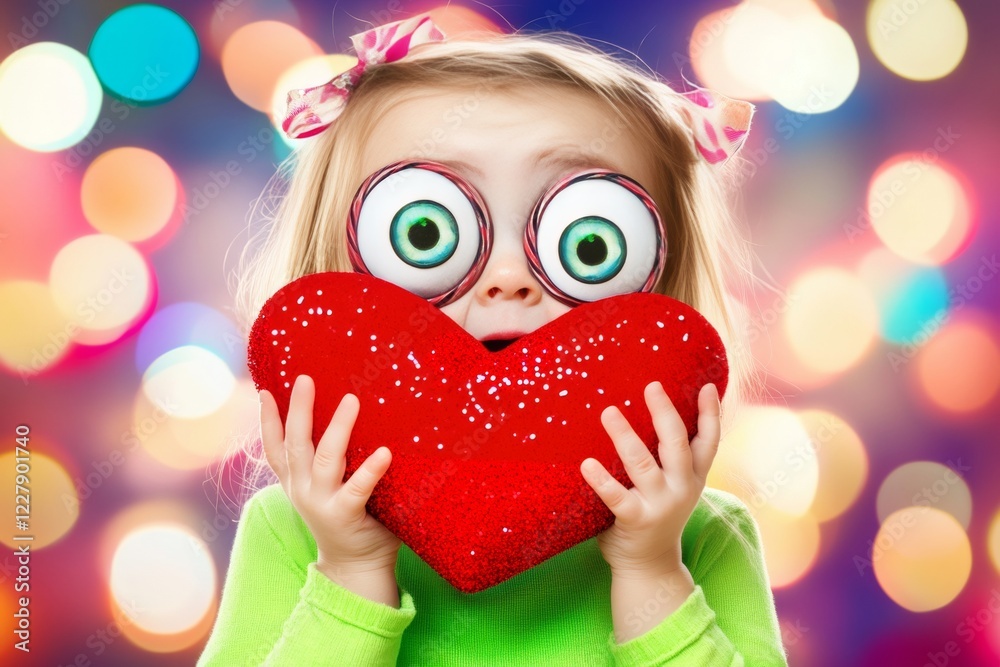 Fototapeta premium Sign of love. Commercial ad creative graphic design. Ð¡hildren valentine's day greeting card: toddler girl with begging eyes face holds red heart in hands. Child with heart. Love and happiness.