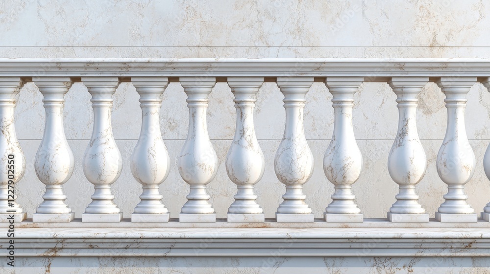 Fototapeta premium White marble balustrade for balcony, porch or garden and handrail for staircase in classic roman style. Vector realistic set of baroque stone railing, banister with pillars, antique fence with columns