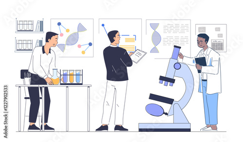 Illustration of scientists in a laboratory setting with test tubes, microscope, and DNA posters on a white background. Concept of research and science. Vector illustration
