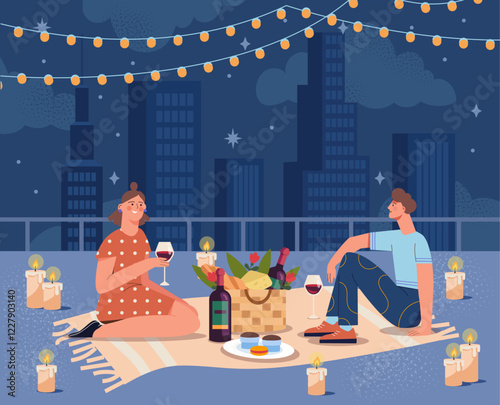 A romantic rooftop picnic featuring a couple seated on a blanket, surrounded by candles and city lights. Nighttime setting under string lights. Vector illustration