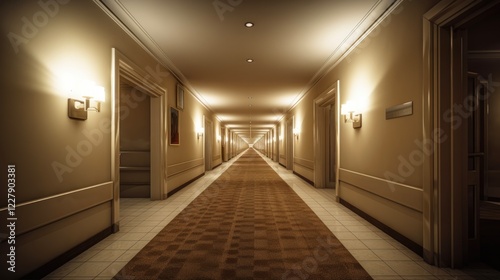 Empty Hotel Hallway. Long Corridor with Light Architecture and Wall Art in Beautiful Interior Floor