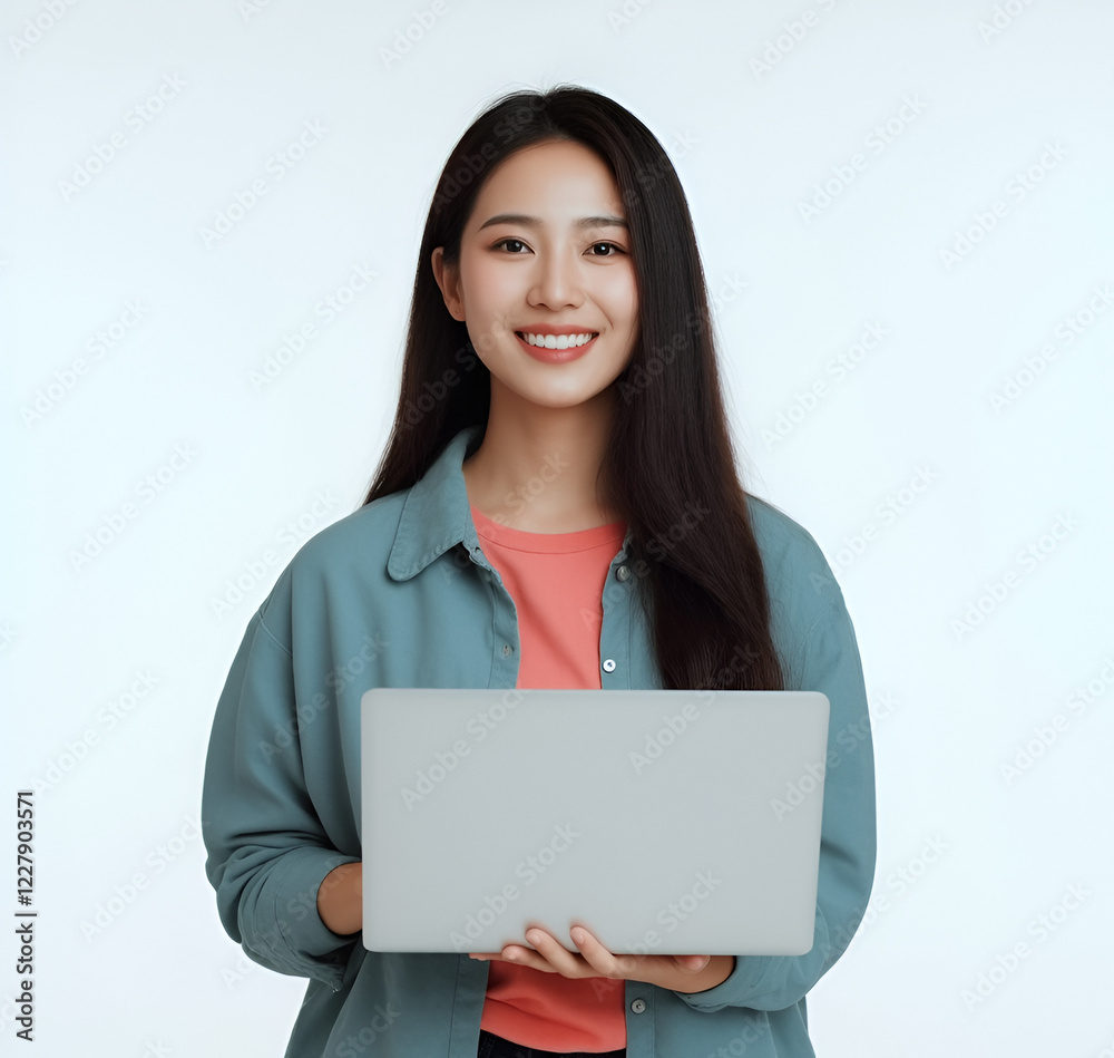 Young Asian woman, long dark hair, bright smile, teal jacket, coral shirt, holding laptop, white background, studio lighting, professional portrait, cheerful expression, technology, casual business at Young Asian woman, long dark hair, bright smile, teal jacket, coral shirt, holding laptop, white background, studio lighting, professional portrait, cheerful expression, technology, casual business at