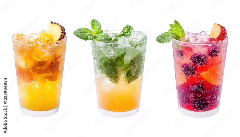 Refreshing Summer Fruit Cocktails Three Iced Drinks with Mint Garnish Refreshing Summer Fruit Cocktails Three Iced Drinks with Mint Garnish