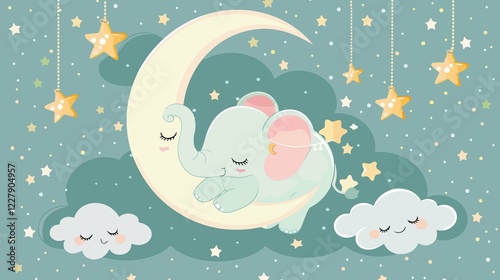 Baby Shower Cute Elephant Half Moon Star Cloud Cartoon