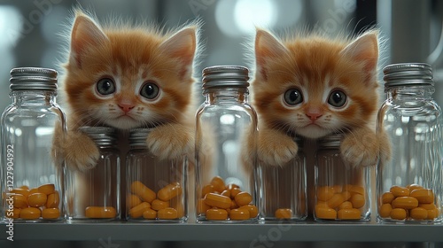 Cute kittens posing by medicine bottles in a pharmacy photo