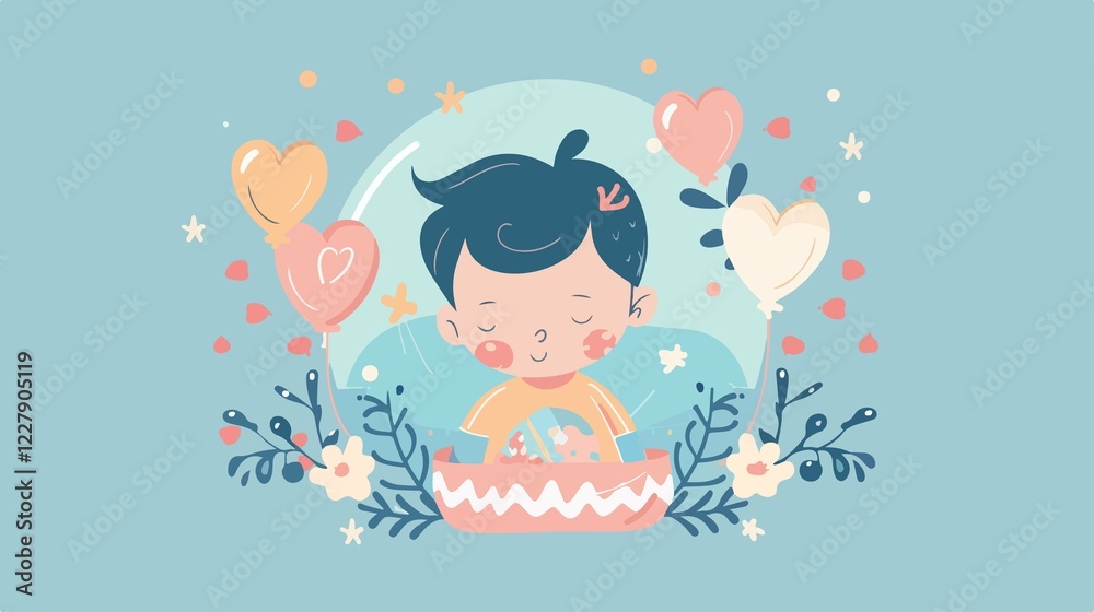 Adorable Baby Shower Celebration with Cute Son in Flat Vector Illustration Adorable Baby Shower Celebration with Cute Son in Flat Vector Illustration