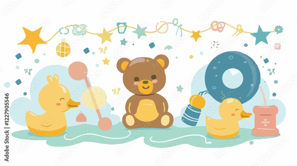 Fototapeta premium Adorable Baby Shower Kids Toy Teddy Bear Duck and Rattle Flat Vector Illustration