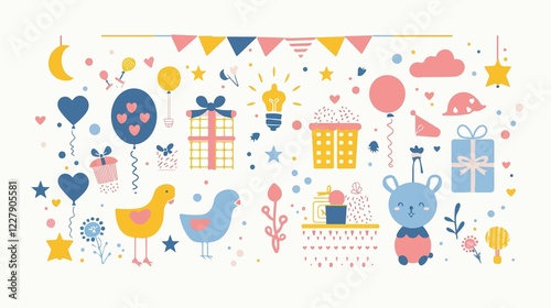 Cute Baby Shower Isolated Flat Vector Illustration for Invitations and Decorations
