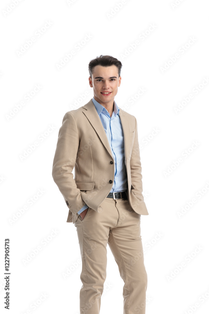 happy student wearing beige suit standing and holding pockets happy student wearing beige suit standing and holding pockets