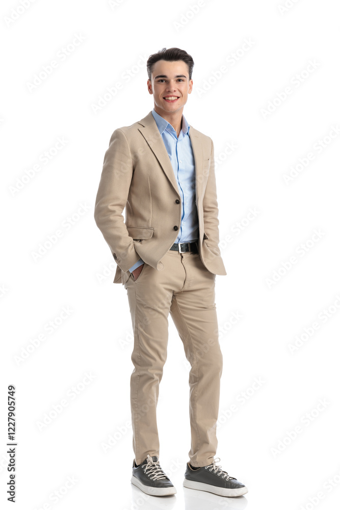 relaxed smart casual man standing and holding pockets relaxed smart casual man standing and holding pockets